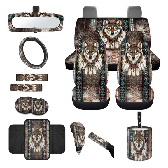 Renewold American Tribal Tribal Wolf Car Seat Covers Full Set, with Steering Wheel Safe Belt Pads Handbrake Cover Set Coasters Garbage Container Rear View Mirror Center Console Pad, Set of 14