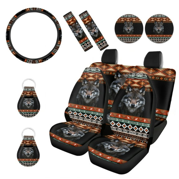 Renewold American Tribal Wolf Black 11 Pieces Car Front Back Seat Covers for Women Non-Slip Car Seat Protector Steering Wheel Covers, Seat Belt Strap Covers, Car Coasters, Keychain Universal Fit