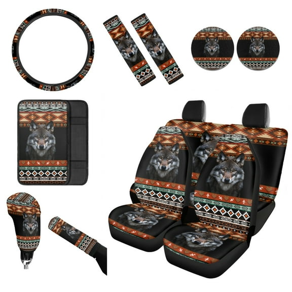 Renewold American Tribal Wolf Black Car Seat Cover Set 12 PCS Auto Seat Protector Steering Wheel Cover Seat Belt Covers Armrest Pad Coasters Handbrake Gear Shift Knob Cover Set Car Decor