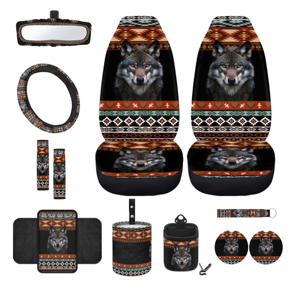 Renewold American Tribal Wolf Black Front Car Seat Covers Full Set 12 PCS, with Steering Wheel Seat Belt Center Console Cover Coasters Trash Bin Phone Holder Coaster Rearview Mirror Cover Key Ring