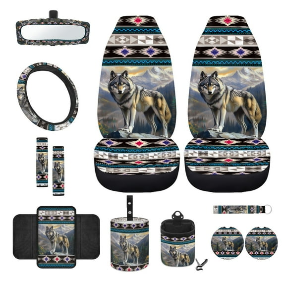 Renewold American Tribal Wolf Blue Car Seat Covers Front Seats Set of 12, Steering Wheel Seatbelt Center Console Cover Trash Bin Sunglass Holder Rearview Mirror Cover Cup Holder Key Chain Car Decor