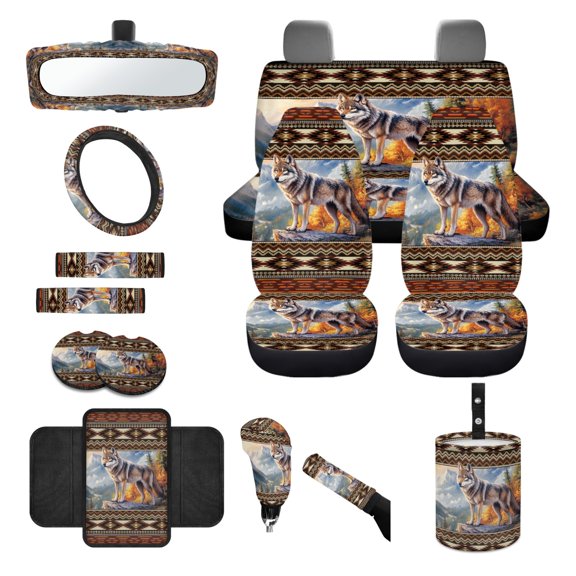 Renewold American Tribal Wolf Brown 14 PCS Car Seat Cover Full Set, Steering Wheel Seat Belt Rear View Mirror Center Console Trash Can Coaster Gear Shift Knob Cover Set Universal Fit