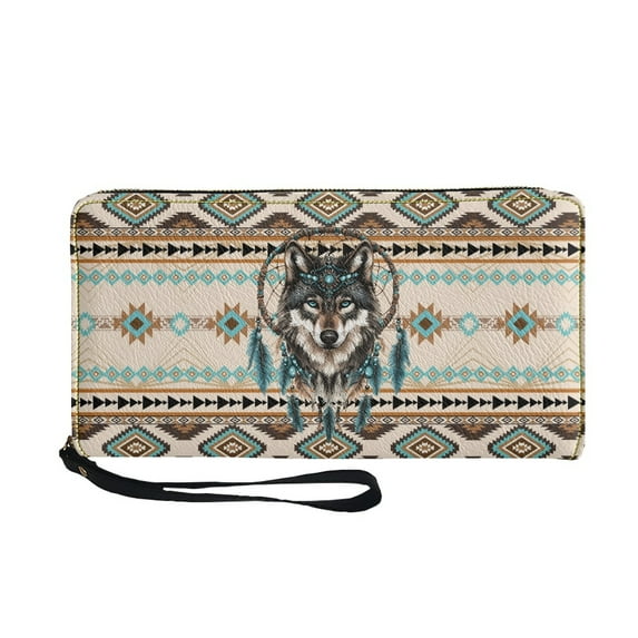 Renewold American Tribal Wolf Dream Catcher Wrist Strap Wallet for Women Girls PU Leather Handbag Mens Long Clutch Cell Phone Case Valentine's Day Zipper Card Holder