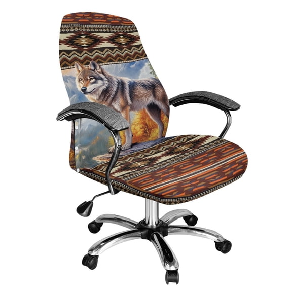 Renewold American Tribal Wolf Mountain Brown Office Chair Cover for Armrest Chairs Stretch Printed Desk Computer Chair Slipcover Removable Non-slip High Back Chair Cover Standard Size, L
