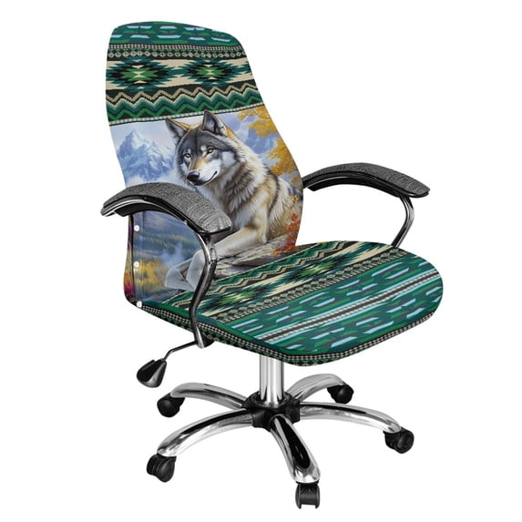 Renewold American Tribal Wolf Mountain Green Office Chair Cover Universal Computer Chair Slipcover High Back Computer Chair Cover for Boss Rotating Chairs Easy to Install Washable, S