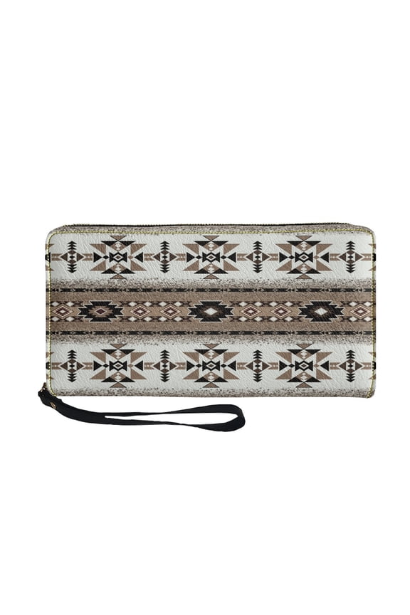 American Tribal Wrist Strap Wallet for Women PU Leather Handbag Mens Long Clutch Cell Phone Case Zipper Card Holder, Brown