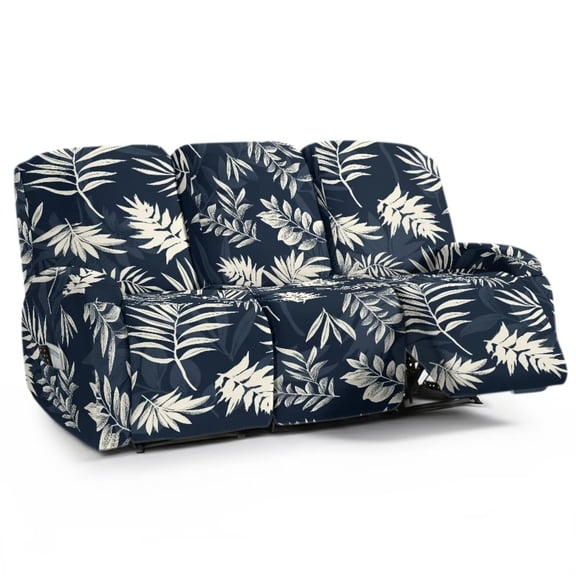 Renewold Anti-Dust Recliner Chair Covers 3 Seater, Stretchable Reclining Sofa Slipcover with Storage Pocket, Non-Slip Soft Couch Protector for Home Decor, Tropical Leaf Print Dark Blue