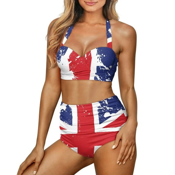 Renewold Athletic Swimsuits for Women 2 Piece Sexy High Waisted Bathing Suit Size M England Flag Halter Top and Bottom Set Summer Beachwear for Swimming Beach