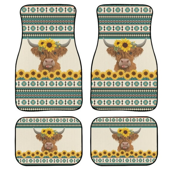 Renewold Auto Car Floor Mat for Sedans SUV Truck, Automotive Floor Mats 4 Pack Universal Fit Car Interior Accessories Decoration All Weather, American Tribal Highland Cow Sunflower Blue