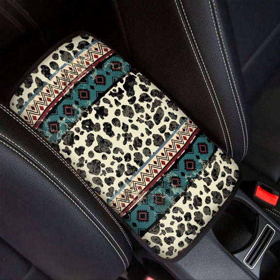 Renewold Auto Center Console Cover Pad Universal Vehicle Interior Accessories Car Armrest Cover Protector for Men Women, American Tribal Cow Print Beige