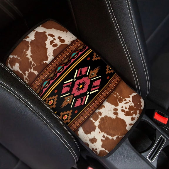Renewold Auto Center Console Pad, Car Armrest Seat Box Cover Protector Car Accessory Universal Fit for Most Sedans SUV, American Tribal Brown Beige Cow Print