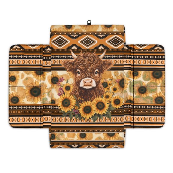 Renewold Auto Center Console Pad Soft Armrest Box Mat Protector Non-slip Middle Console Cover with Pockets Hand Rest Pillow Car Decor Accessories, American Tribal Highland Cattle Sunflower Yellow