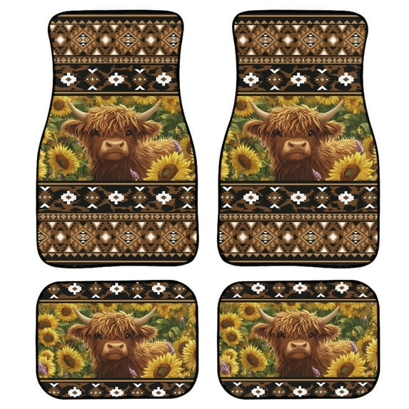 Renewold Automotive Car Floor Mat for Sedans SUV Truck, Auto Floor Mats 4 PCS Universal Fit Auto Interior Accessories Car Interior Decor, American Tribal Brown Highland Cow Sunflower