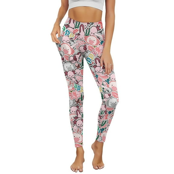 Renewold Axolotl Happy Pink Leggings with Pockets for Women Athletic Tights Compression Leggings High Waisted Butt Lifting Printed Pants Comfy Womens Yoga Leggings, XL
