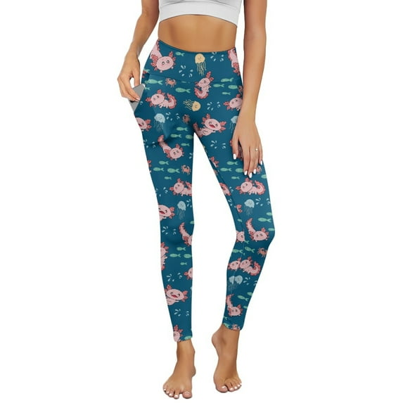Renewold Axolotl Jellyfish Fish Teal Womens Yoga Leggings with Pockets Workout Leggings Full Length High Waisted Running Pants Non See-Through Athletic Tights Printed Tights, M