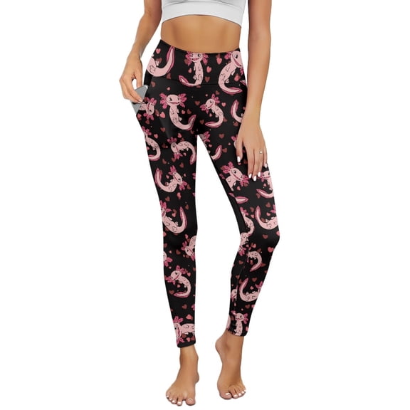 Renewold Axolotl Love Black Womens Leggings with Pockets High Waist Hip Lift Tummy Control Pocket Yoga Pants Buttery Soft Stretchy Workout Yoga Pants with Plus Size, XL