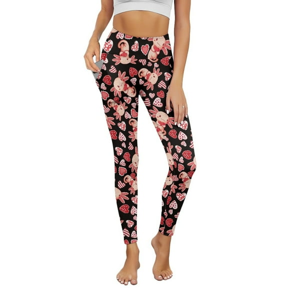 Renewold Axolotl Love Black Womens Yoga Pants with Pockets High Waisted Womens Leggings Cute Exercise Yoga Leggings Opaque Activewear Lightweight Ankle Leggings, 3XL