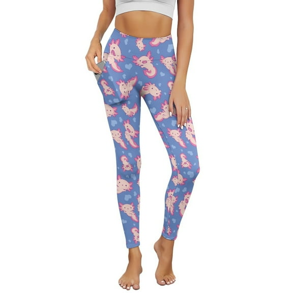 Renewold Axolotl Love Blue Yoga Leggings for Women with Pockets Elastic Trendy Exercise Yoga Pants High Waisted Full Length Graphic Pants for Running Sports Party, M