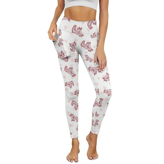 Renewold Axolotl Love Pink Womens Yoga Pants with Pockets High Waisted Womens Leggings Cute Exercise Yoga Leggings Opaque Activewear Lightweight Ankle Leggings, XL