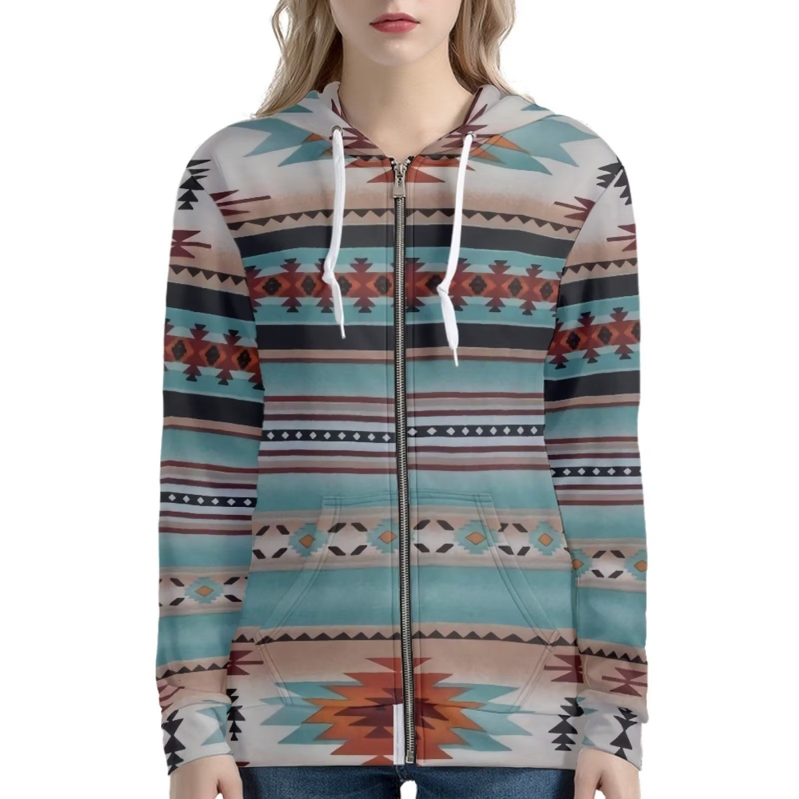 Renewold Aztec Zipper Hoodie for Women Youth Size M , Long Sleeves Oversized  Sweatshirts Navajo Native American Design Tops Thin Breathable Clothes Fall  Stay Warm Outdoor Shirts with Pocket 