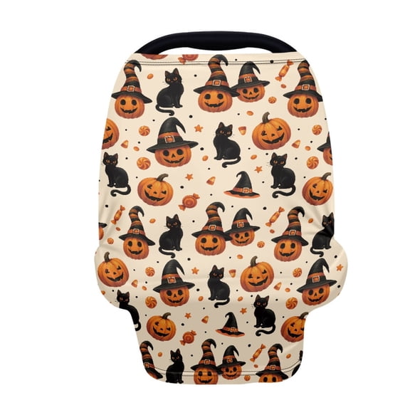 Renewold Baby Car Seat Cover Car Seat Canopy for Babies Boys Girls, Multi-Use Infant Breastfeeding Covers Nursing Scarf Halloween Decoration, Witch Hat Pumpkin Black Cat Candy