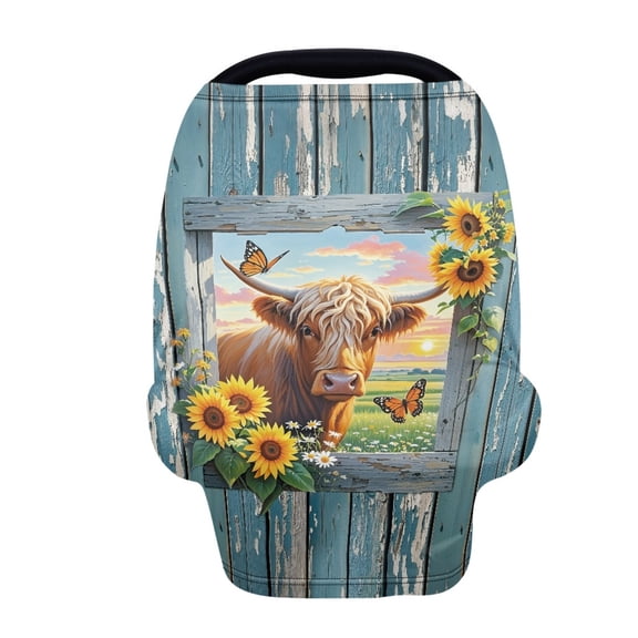 Renewold Baby Car Seat Cover Car Seat Canopy for Babies Boys Girls, Multi-Use Infant Breastfeeding Covers Nursing Scarf Home Decoration, Highland Cow Sunflower Wood Grain