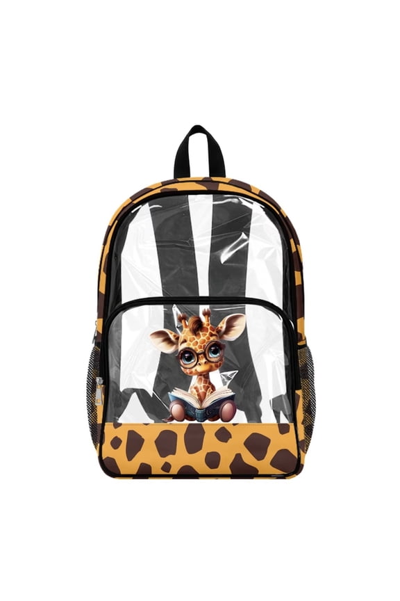 Back to School Backpack 17 Inch Wide Shoulder Straps Clear Backpack Large Capacity PVC Bookbag for Boys Girls Teen Shoulder Bag for School Travel Work Gym, Giraffe Book Print