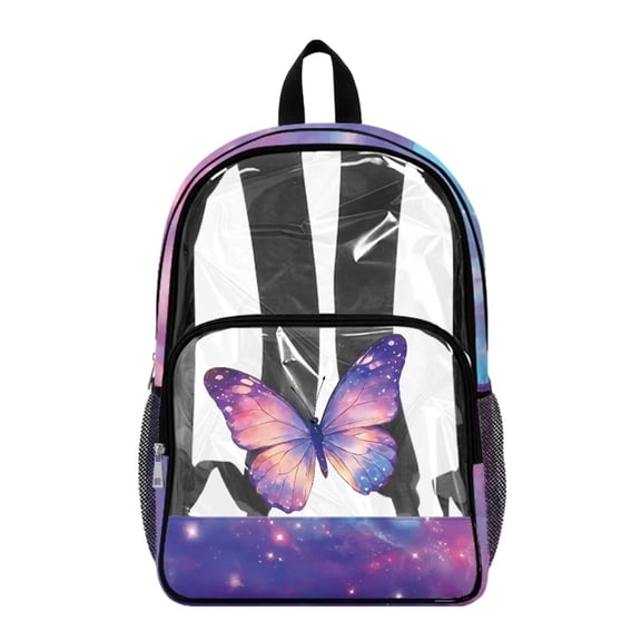 Renewold Backpack 17 Inch Stadium Adjustable Shoulder Straps Clear Backpack with Side Pockets PVC See Through Bag for High Middle Elementary School, Butterfly Star Print Violet