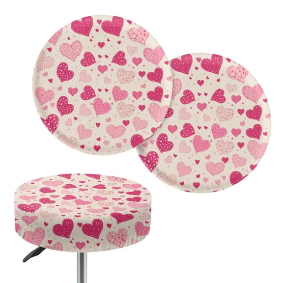 Renewold Bar Stool Covers Breathable Soft 12-14 Inch Round Stool Slipcovers Stretchy Washable Vanity Stool Covers Valentine's Day Home Decor, 2 Count, Pink Heart Beige
