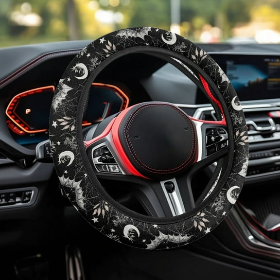Renewold Bat Moon Star Black Auto Steering Wheel Cover Universal 15 Inch Diameter Non-slip Comfortable Halloween Car Steering Wheel Protector for All Seasons