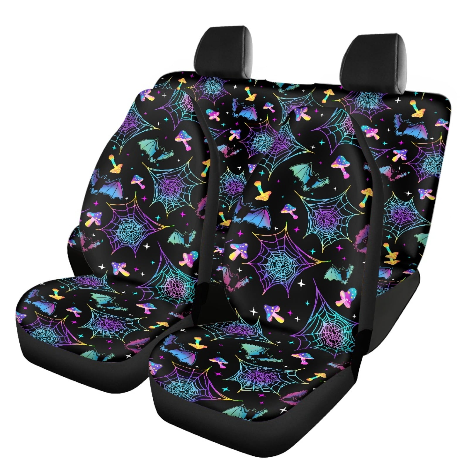 Renewold Bat Mushroom Spider Web Car Seat Covers Full Set for Front Rear Seats, Washable Breathable Soft Halloween Auto Interior Decor Accessories