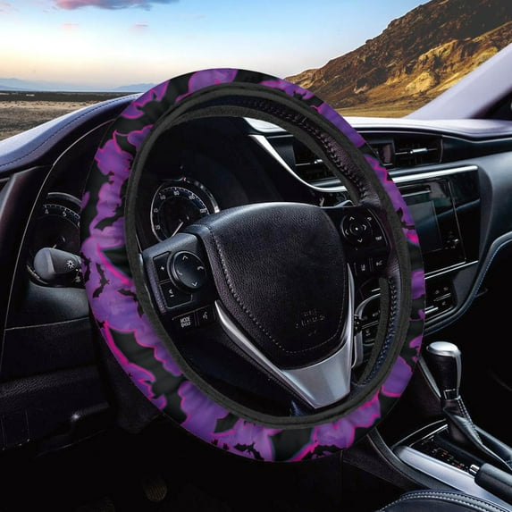 Renewold Bat Violet Black Auto Steering Wheel Cover for Women Men, Universal 15 Inch Soft Elastic Steering Wheel Wrap Anti-Slip Easy to Install Halloween Car Accessories
