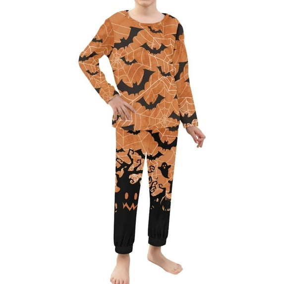 Renewold Bats Spider Web Nightwear for Kids Boys 2PCS Snug-Fit Long Pajamas Set Cozy Halloween Sweatsuit Casual Jogger Walking Athletic Fall Winter Clothing Size 11-12