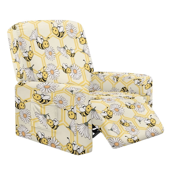 Renewold Bee Daisy Honeycomb Chair Cover for Recliner Non-Slip Recliner Slipcover 4 Pieces Single Seat Couch Cover Polyester Spandex Dog Couch Protector with Storage Pocket