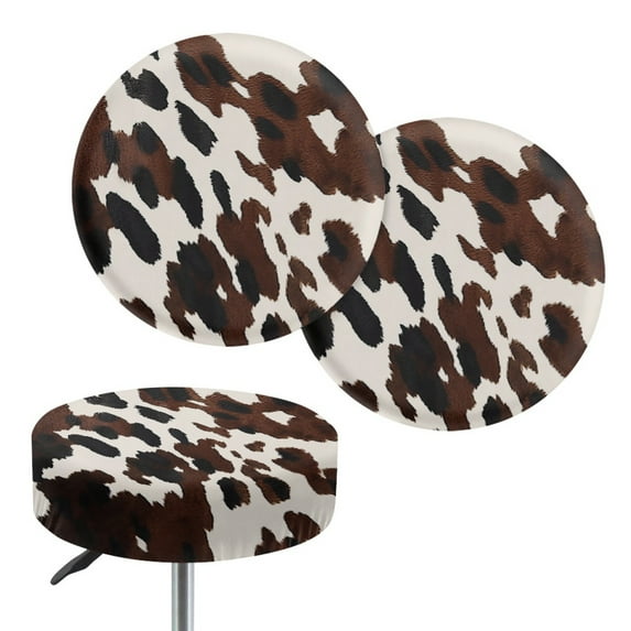 Renewold Black Brown Cow Print Stool Covers Washable Round Bar Stool Slipcovers Anti-Slip Round Stool Chair Covers Saddle Stool Covers, 13-15 Inch, 2 Count
