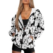 Renewold Black Cat Paw Womens Full Zip Up Sweatshirts Hoodie Pullover Fleece Jackets Long Sleeve Oversized Sweatshirt Jackets Tops Dropped Shoulder Hooded Sweaters with Plus Size, XS