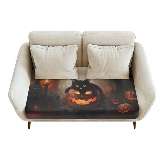 Renewold Black Cat Pumpkin Stretch Sofa Cushion Slipcover Spandex Couch Seat Cushion Slipcover Loveseat Couch Cover Protector Armhair Cushion Slipcover with Elastic Bands, M