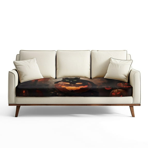 Renewold Black Cat Pumpkin Stretch Sofa Cushion Slipcover Spandex Couch Seat Cushion Slipcover Sofa Couch Cover Protector Armhair Cushion Slipcover with Elastic Bands, L