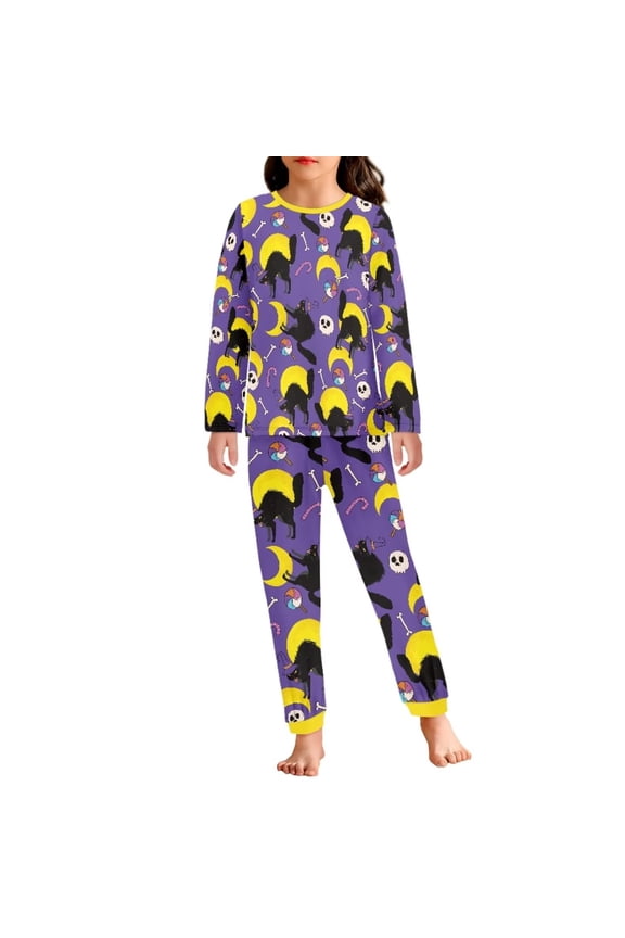 Black Cats Moon Pajama 2 PCS Skin Friendly Sleepwear Long Pants Set Halloween Crewneck Long Sleeve Purple Tee Athletic Clothing Sleepwear Size 13-14