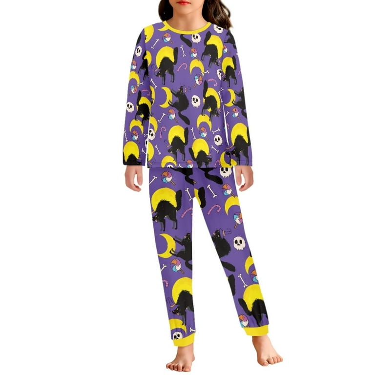 Renewold Black Cats Moon Pajama 2 PCS Skin Friendly Sleepwear Long Pants  Set Halloween Crewneck Long Sleeve Purple Tee Athletic Clothing Sleepwear