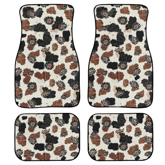 Renewold Black Daisy Brown Cow Print Car Floor Mats Auto Carpet Car Rugs Set of 4, Anti Slip Universal Fit for Suvs, Sedans, Trucks, Cars Gifts for Women Men