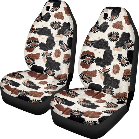 Renewold Black Daisy Brown Cow Print Car Seat Cover for Front Seat Set of 2, Breathable Front Seat Cover Protection Interior Accessories Universal Fit Most Cars