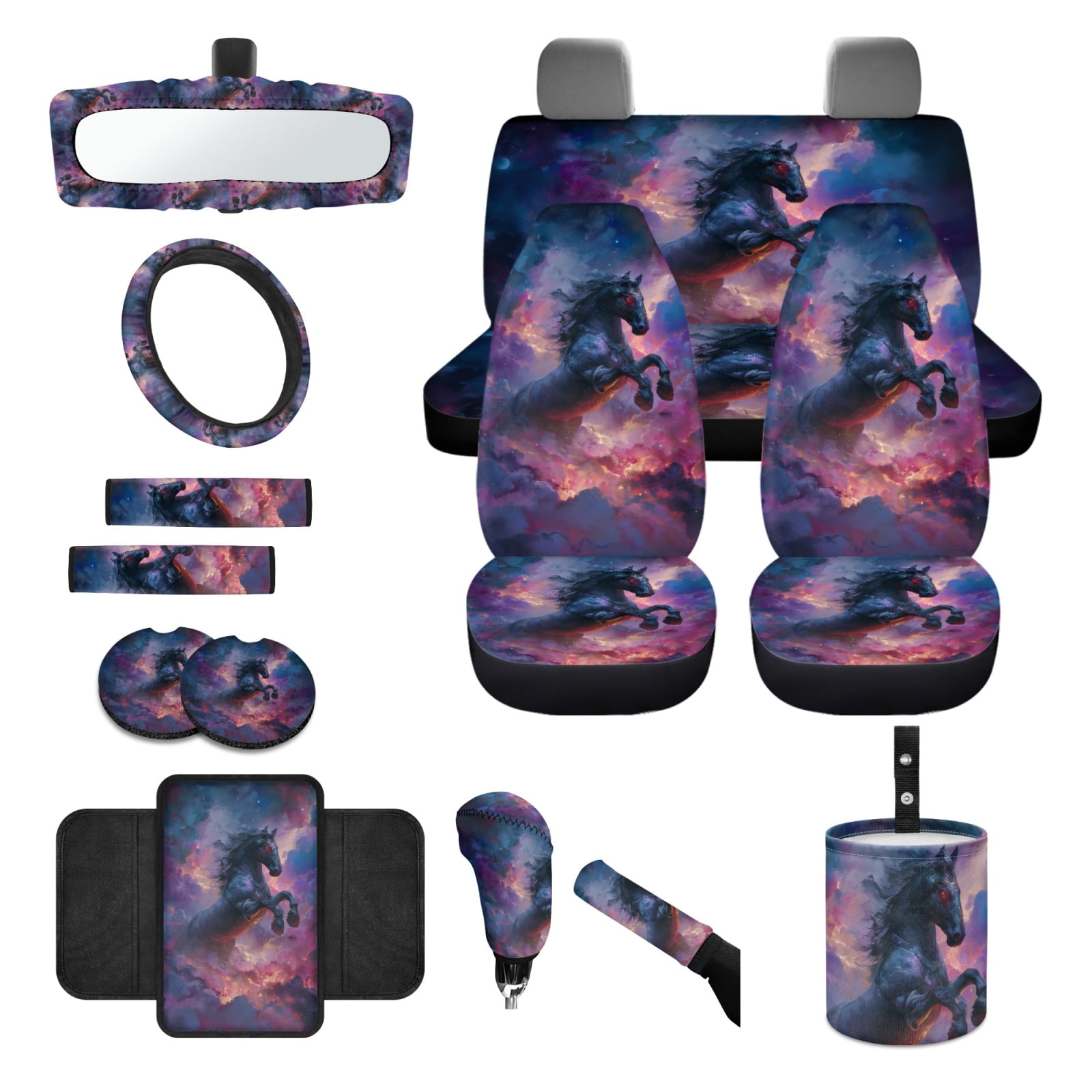 Renewold Black Horse Galaxy Car Seat Cover Full Set 14 Pack, with Steering Wheel Seat Belt Rear View Mirror Center Console Trash Can Coaster Gear Shift Knob Cover Set Universal Fit for Most Vehicles