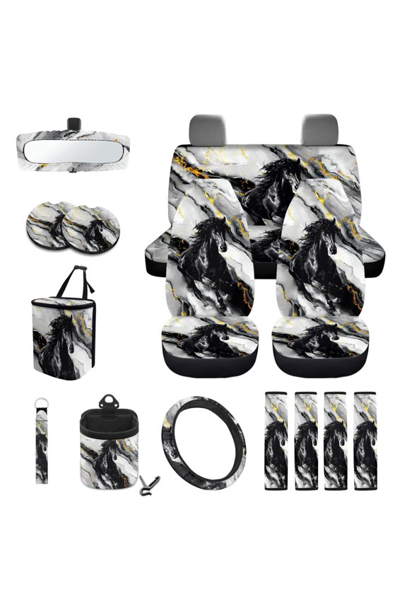 Black Horse Marble Car Seat Cover Protector Set 15 PCS, with Steering Wheel Cover Seat Belt Pad Garbage Bag Air Vent Bag Rearview Mirror Cover Coasters Key Chain Fit Most Vehicles