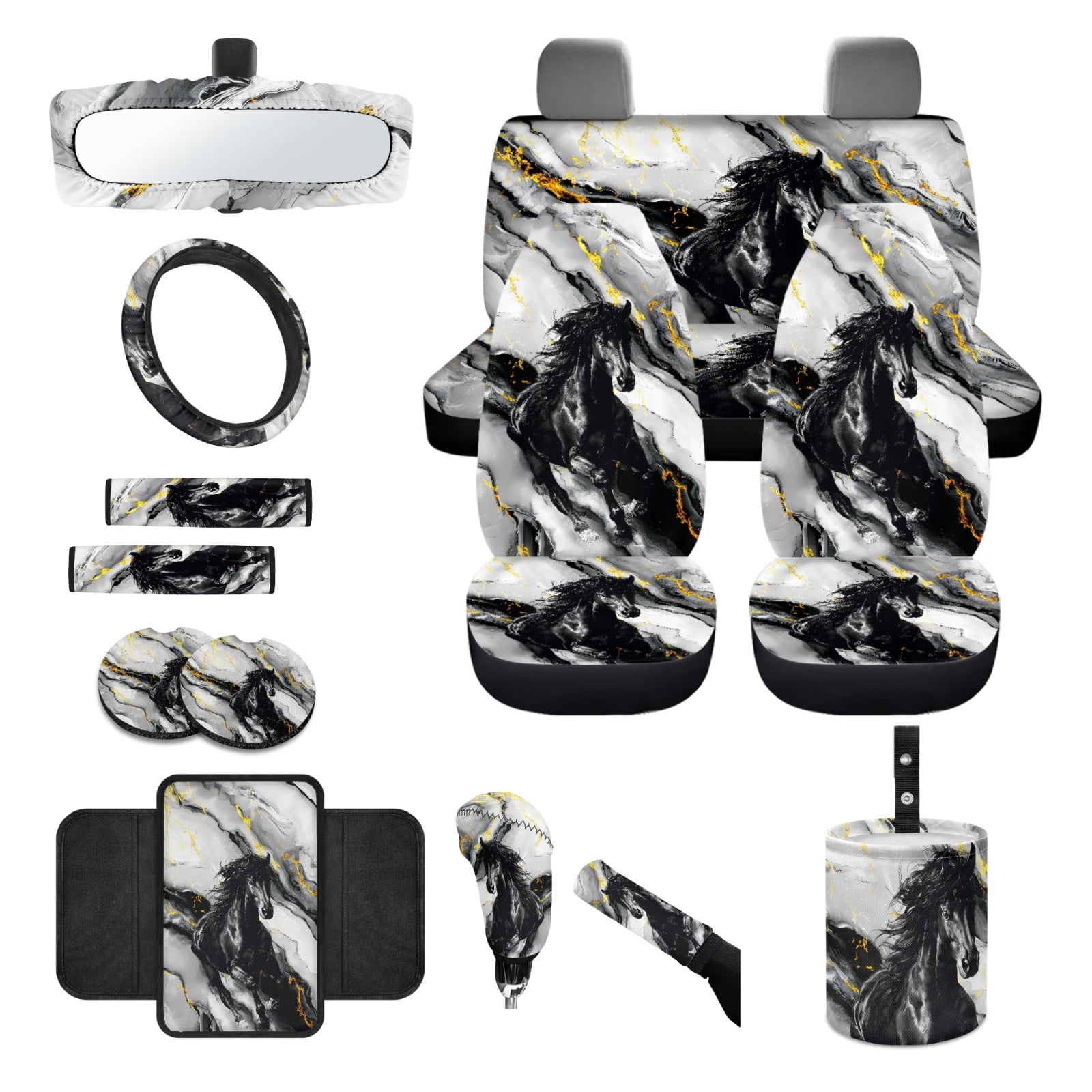Renewold Black Horse Marble Car Seat Covers Front Rear Full Set Steering Wheel Seat Belt Pads Coasters Waste Bin Armrest Pad Cup Holders Rearview Mirror Handbrake Cover Set, 14 Pack