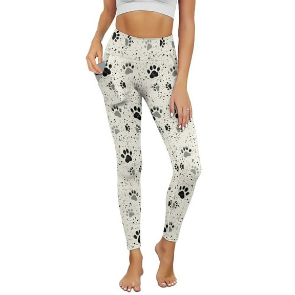 Renewold Black Paw Beige Yoga Leggings for Women with Pockets Elastic Trendy Exercise Yoga Pants High Waisted Full Length Graphic Pants for Running Sports Party, S