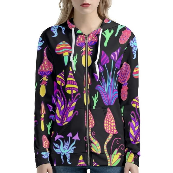 Renewold Black Trendy Design Zip Up Hoodies for Women Size S Vintage Graphic Trippy Magic Mushrooms Sweatshirt Outdoor Active Hooded Casual Tops with Pockets
