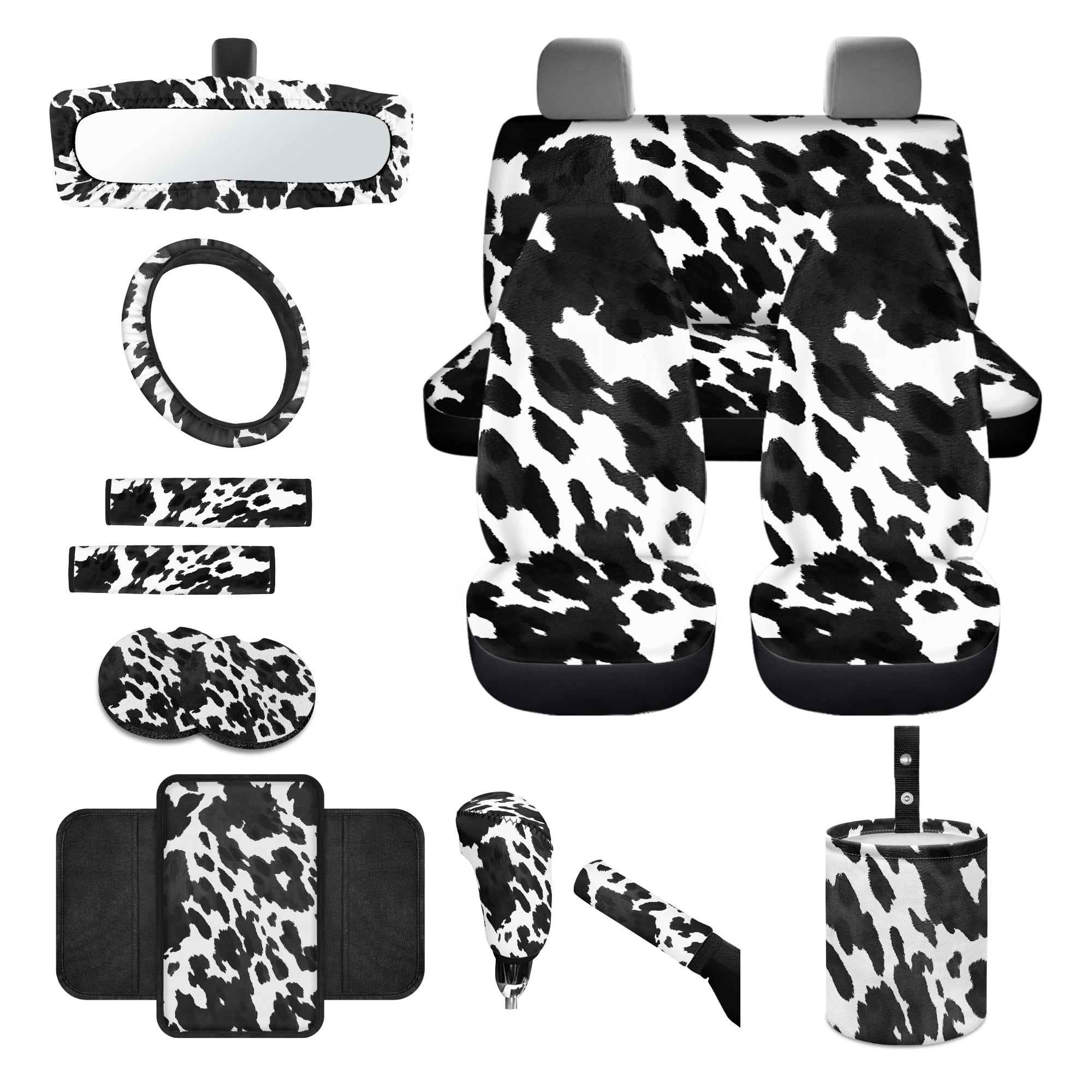 Renewold Black White Cow Print Car Seat Cover Full Set 14 PCS, with Steering Wheel Cover Seat Belt Pad Garbage Bin Armrest Pad Rearview Mirror Handbrake Cover Set Coaster Fit Most Vehicles