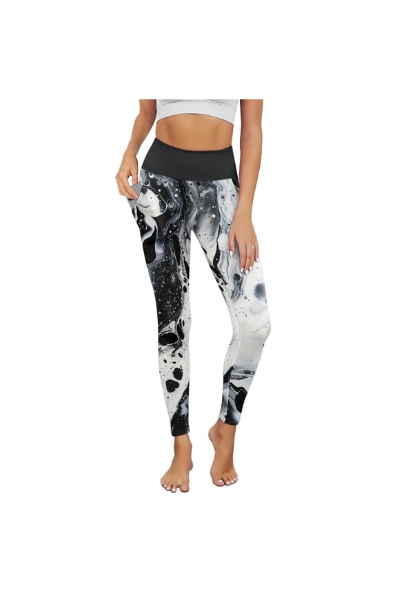 Black White Marble Yoga Pants for Women with Pockets Full Length Workout Leggings High Waist Tummy Control Lounge Pants Activewear Fashion Womens Leggings, 3XL