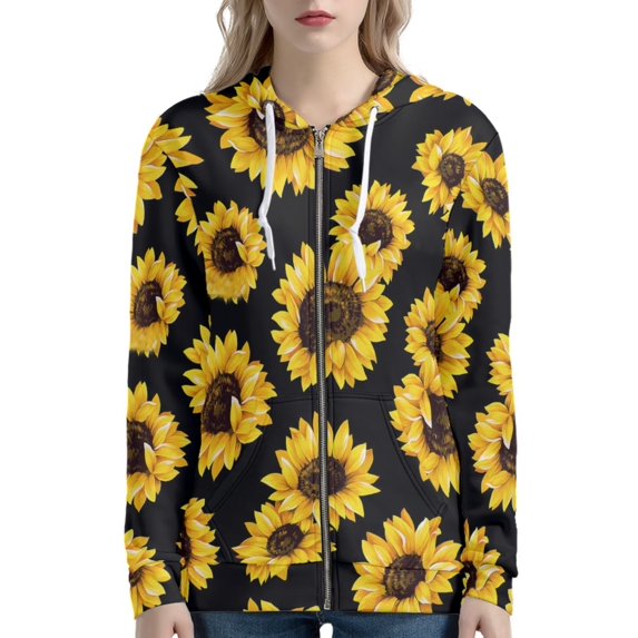 Renewold Black Zip Up Hoodies for Women Size 2XL Golden Sunflowers Print Jacket Premium Fabric Soft Wrinkle-Resistant Tops Casual Fall Sweatshirts with Pocket